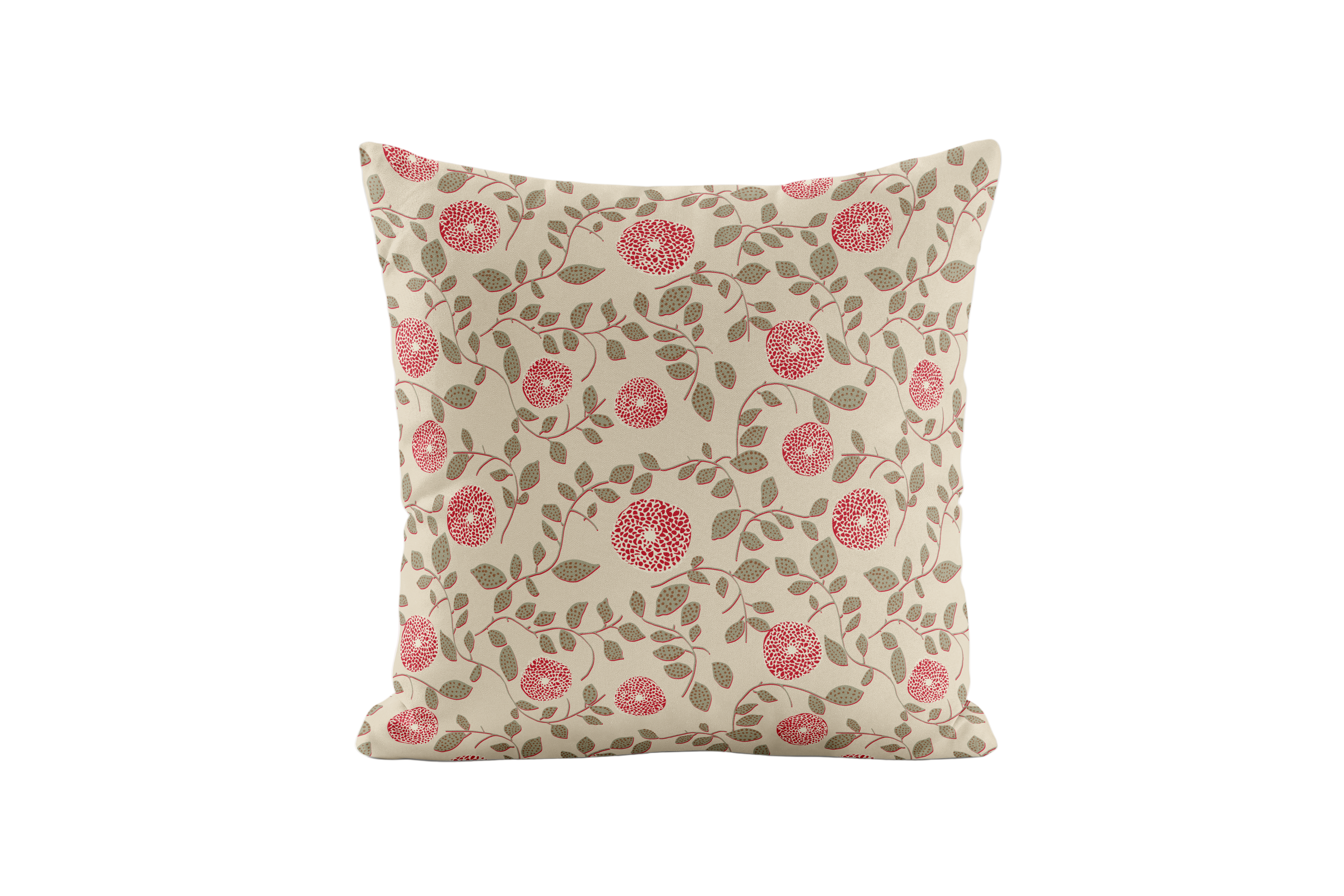 Decorative pillow with red floral pattern on a beige background