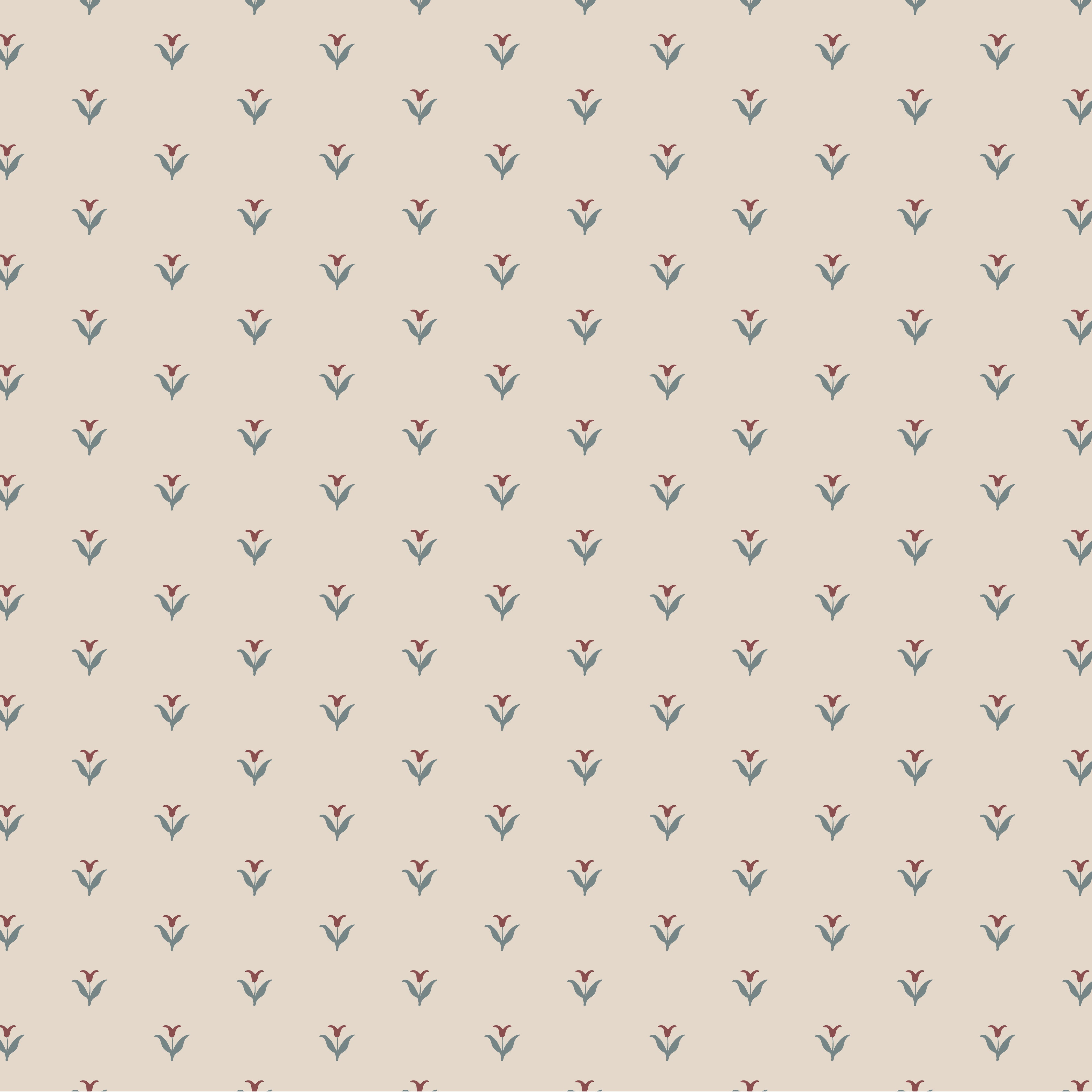 A wallpaper with a repeating pattern featuring a simple floral design in burgundy and blue on an ivory background.