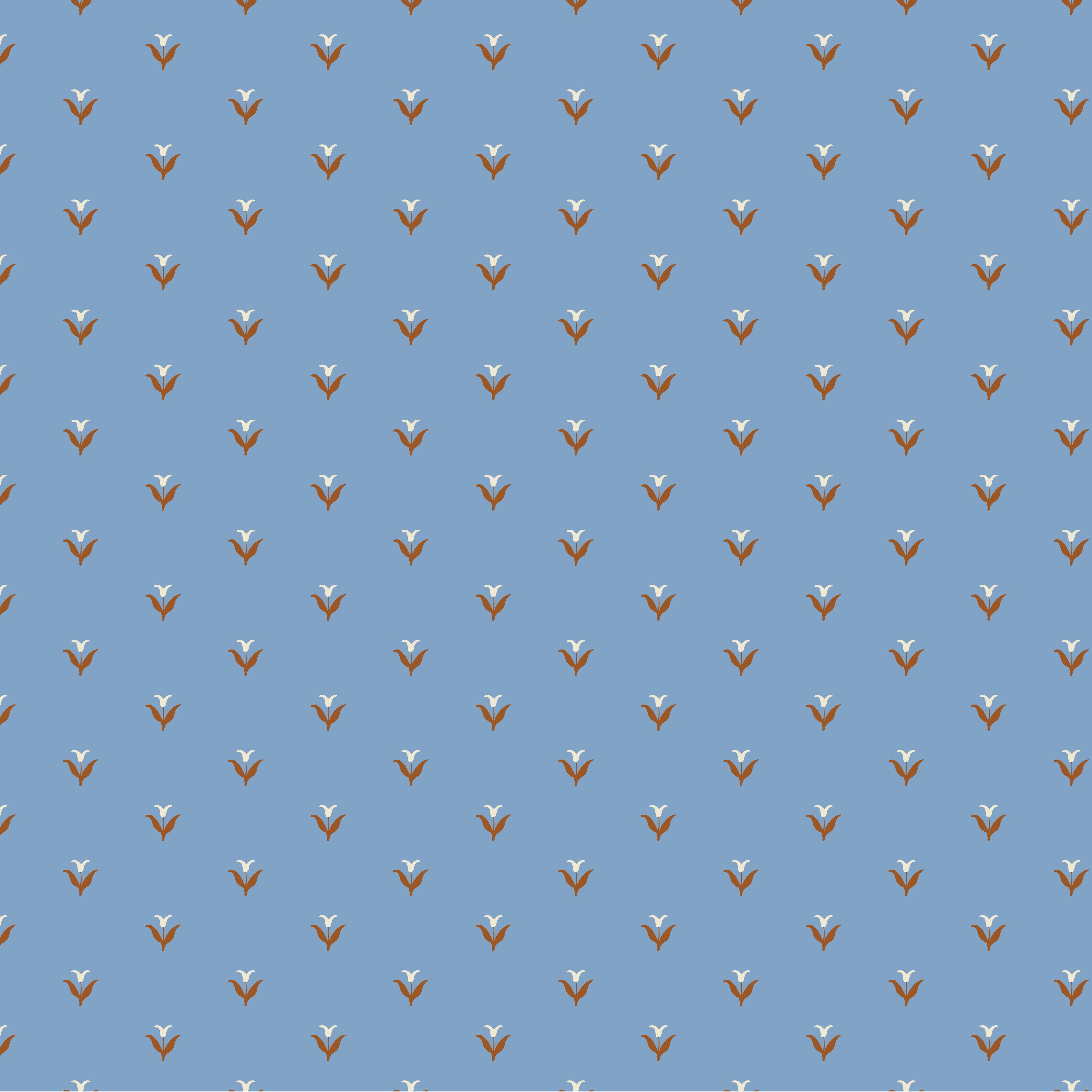 A section of wallpaper with a pattern of periwinkle blue and brown flowers
