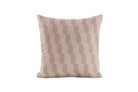 Decorative pillow with taupe and blue geometric pattern on a white background