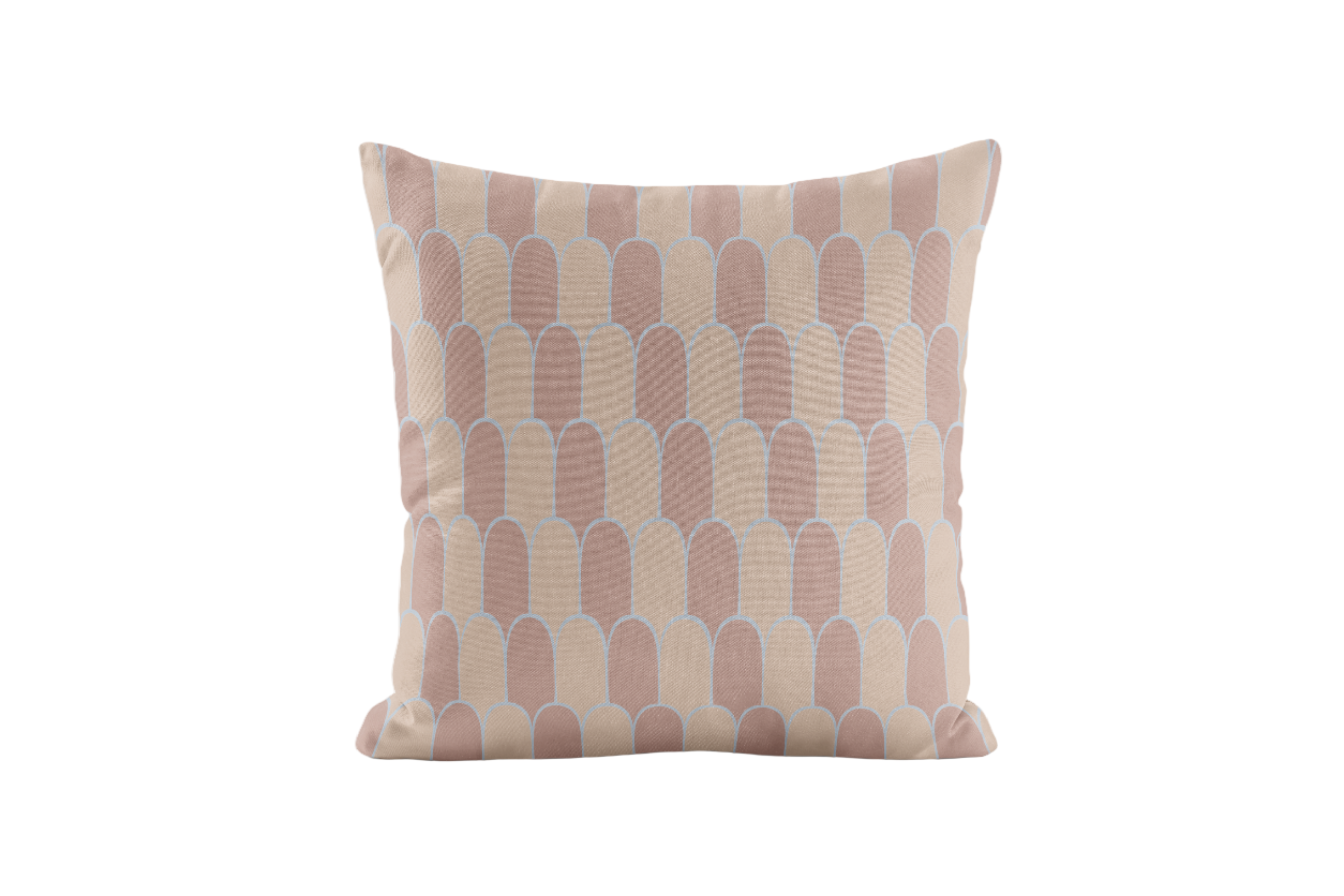 Decorative pillow with taupe and blue geometric pattern on a white background