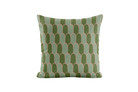 Decorative pillow with green and pink geometric pattern on a white background