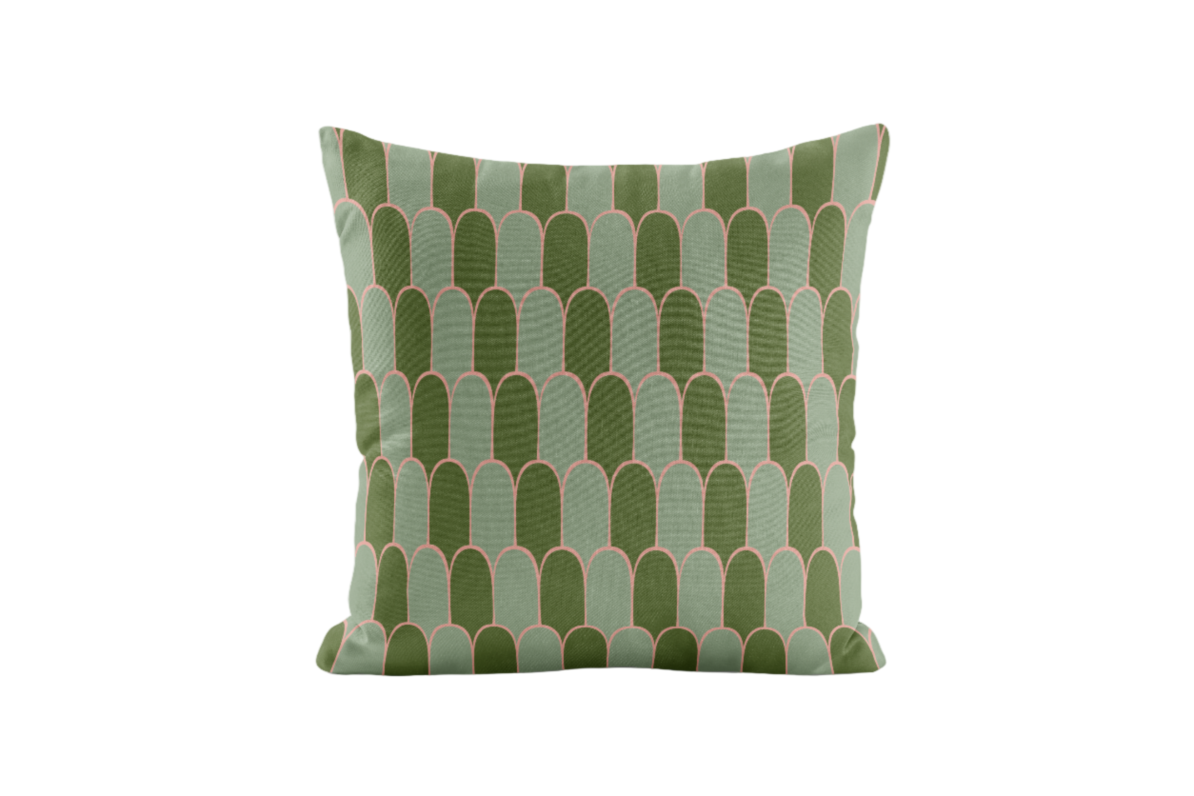 Decorative pillow with green and pink geometric pattern on a white background