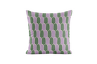 Decorative pillow with green and purple geometric pattern on a white background