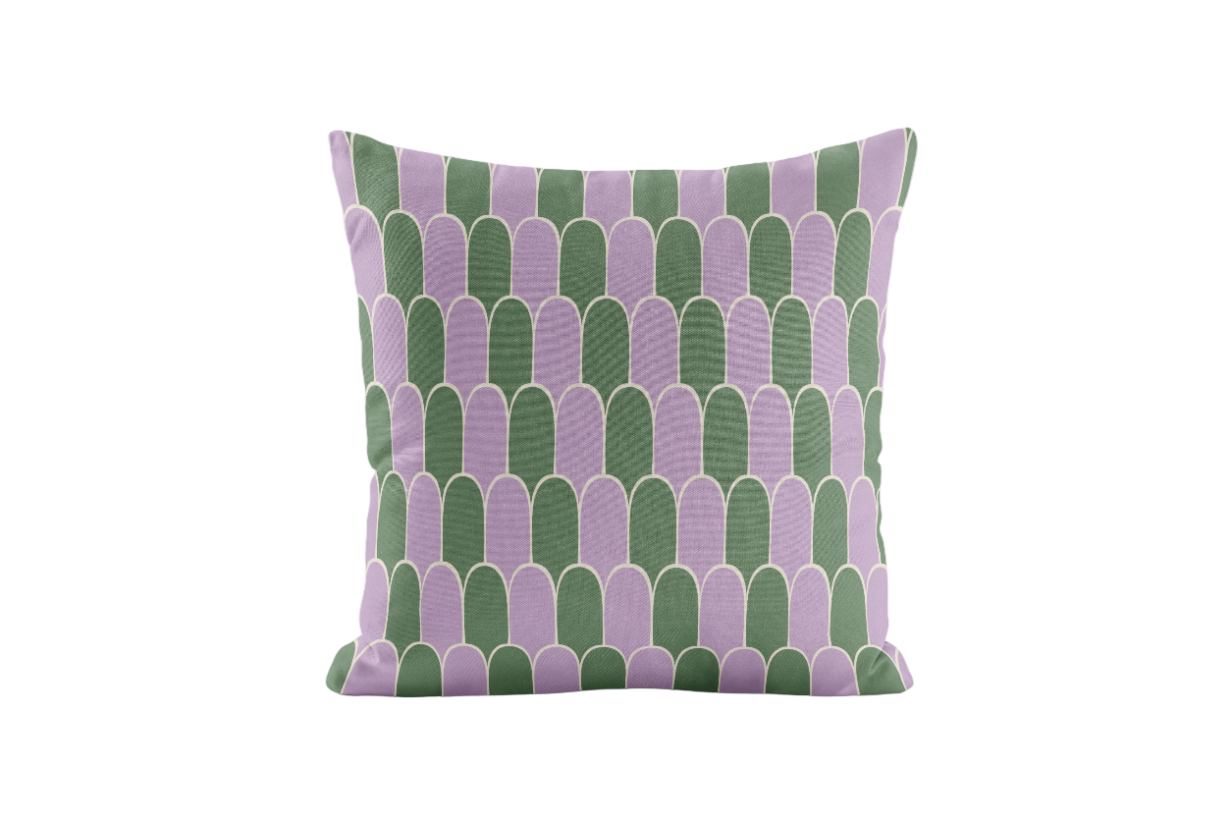 Decorative pillow with green and purple geometric pattern on a white background