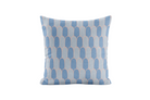 Decorative pillow with blue and pink geometric pattern on a white background