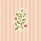 A wallpaper design featuring a plant with peach and pink leaves and berries on a striped peach background.