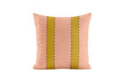 Decorative pillow with chartreuse and peach stripes on a white background
