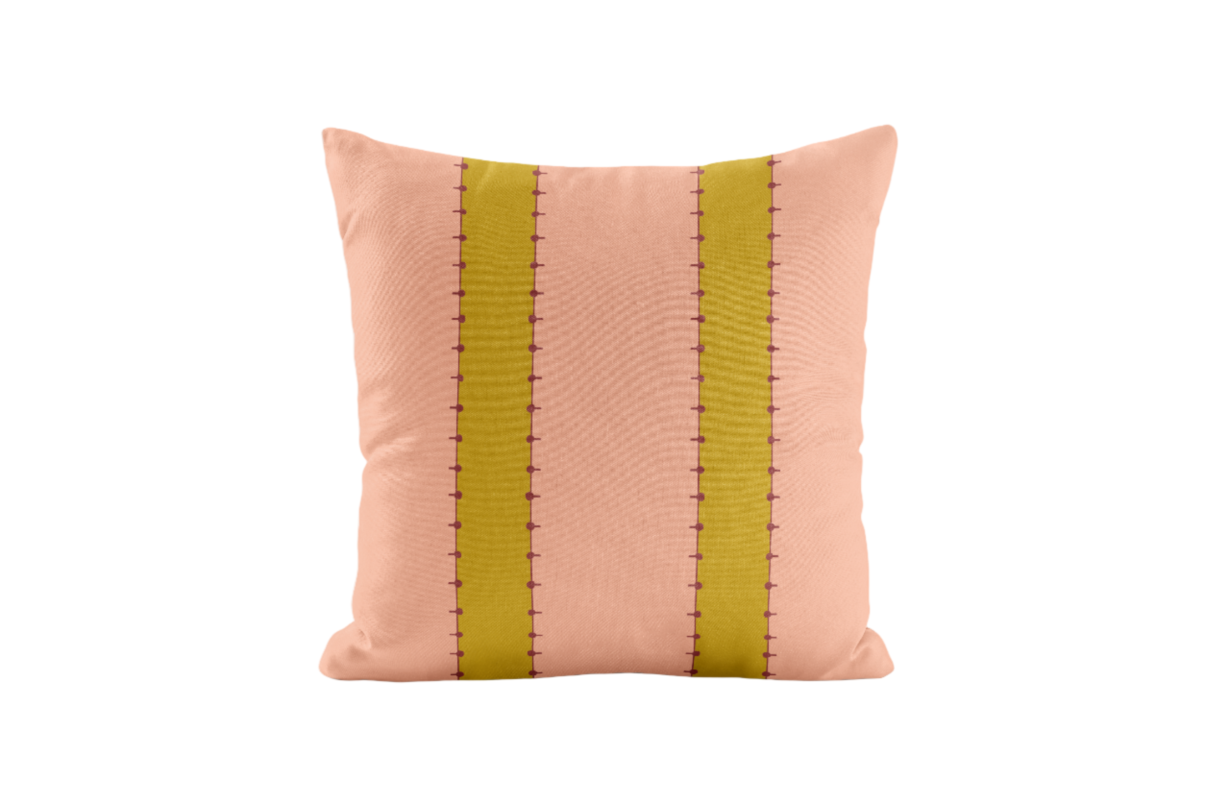 Decorative pillow with chartreuse and peach stripes on a white background
