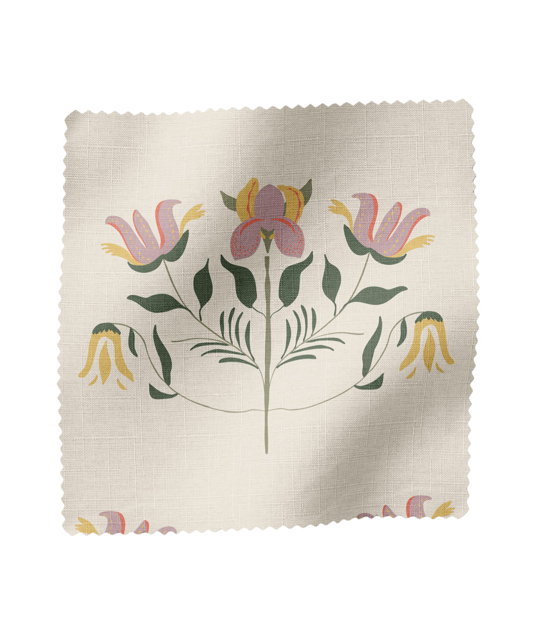 pink and green Floral patterned fabric swatch on a white background