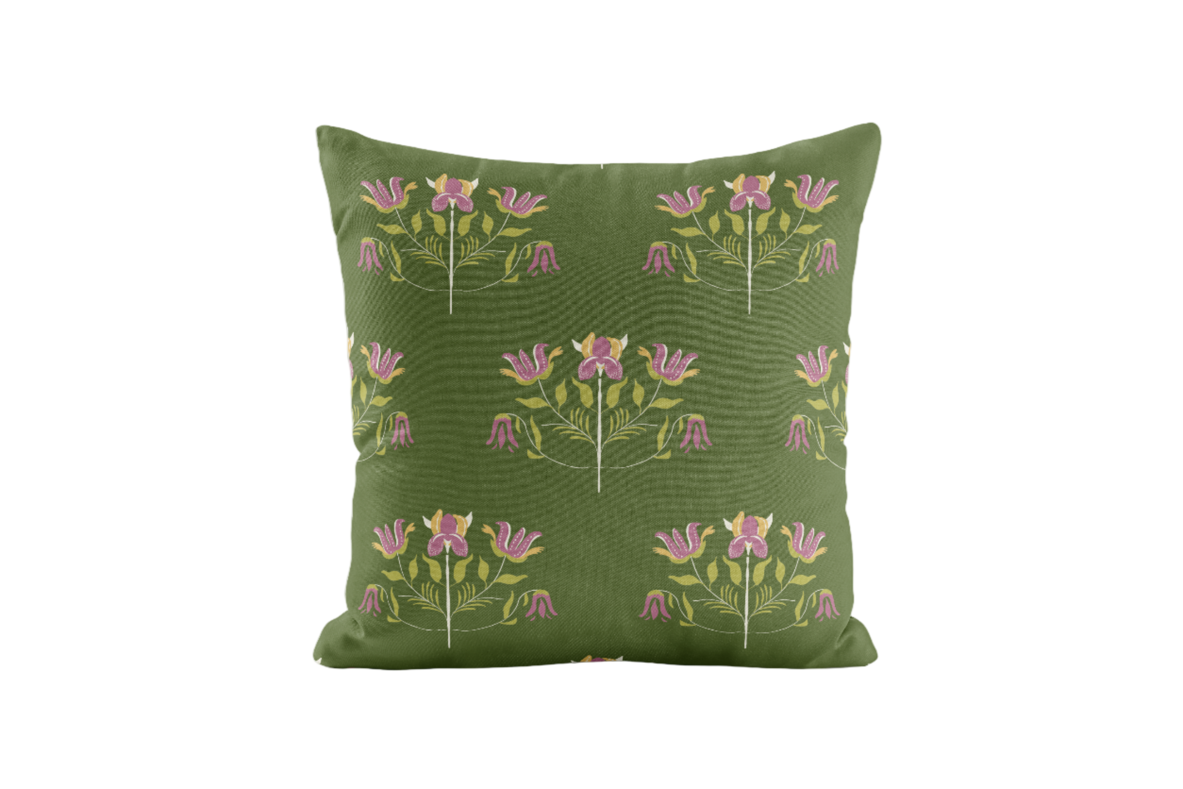 Green pillow with floral pattern on a white background