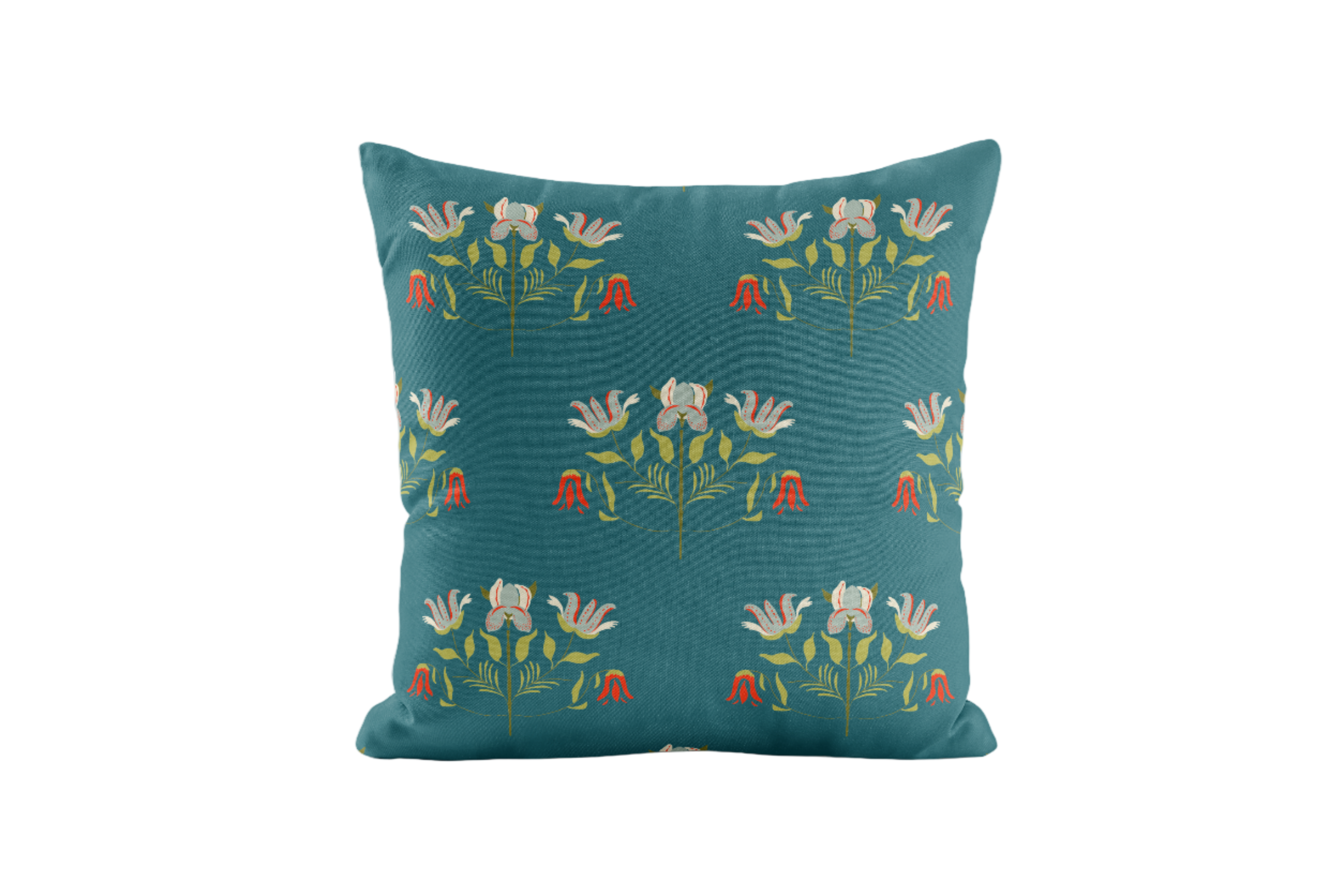 Decorative pillow with floral pattern on a teal background