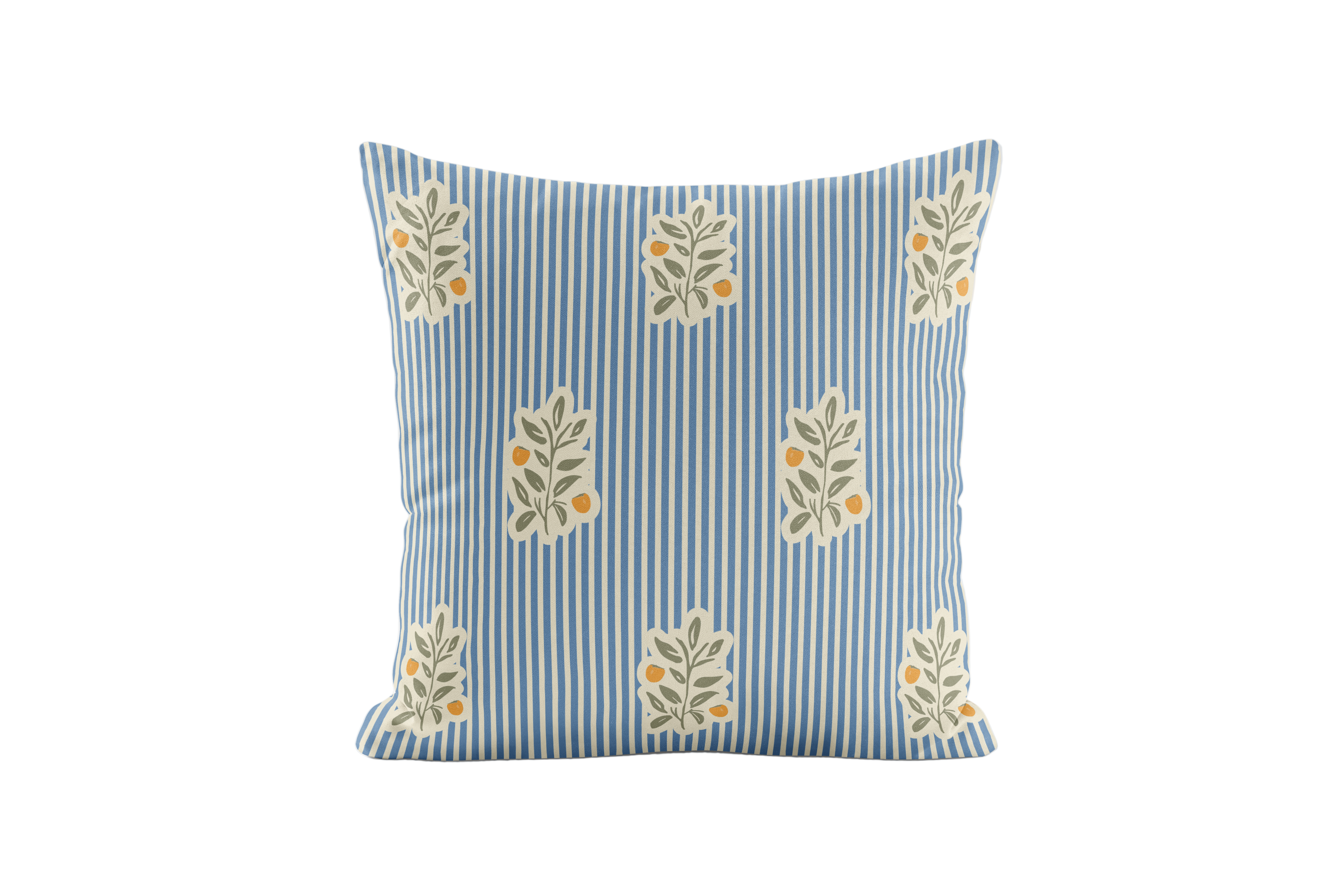 Decorative pillow with blue stripes and persimmons.  