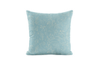 Whimsical, floral patterned pillow in pale blue