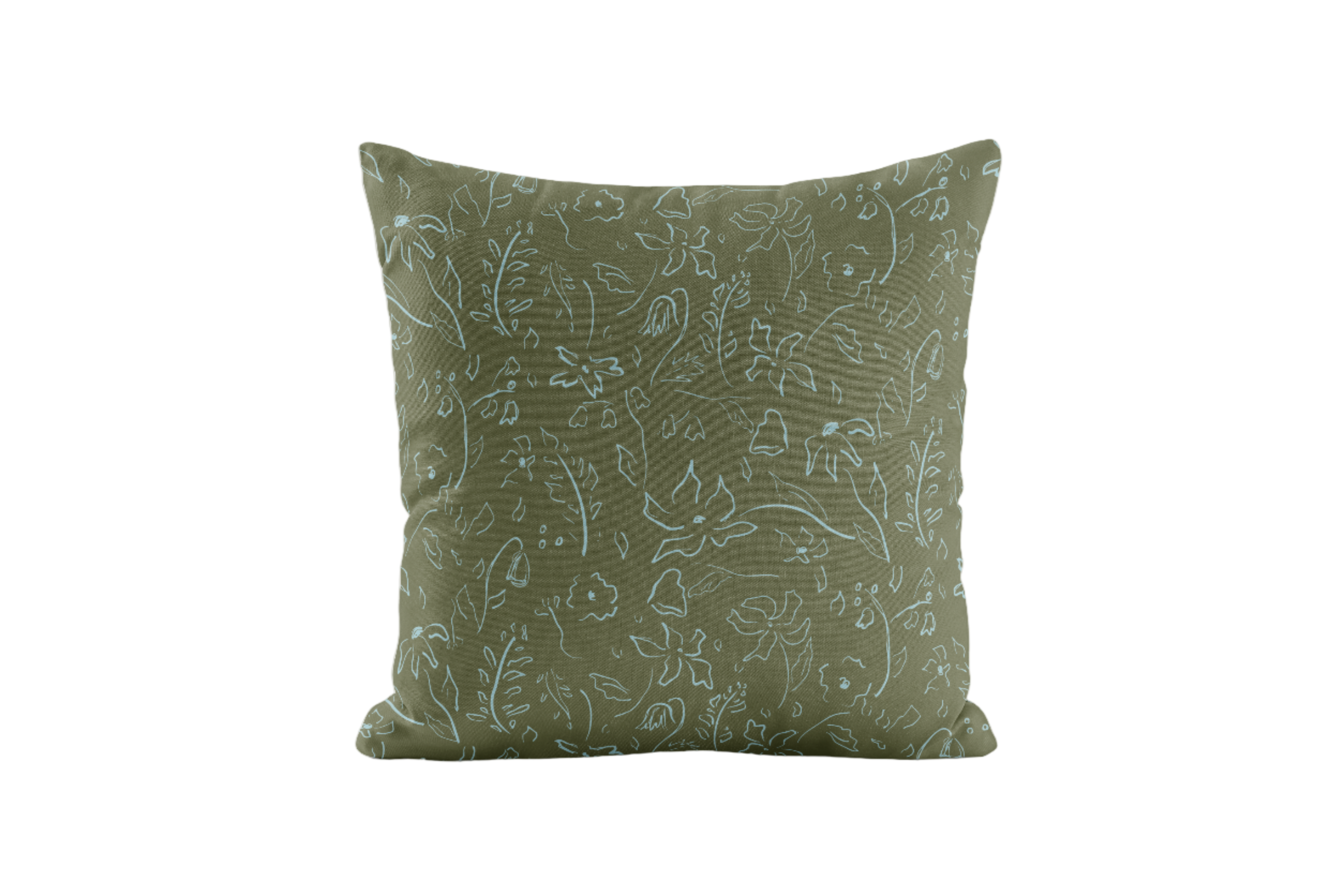 Whimsical, floral patterned pillow in green and pale blue