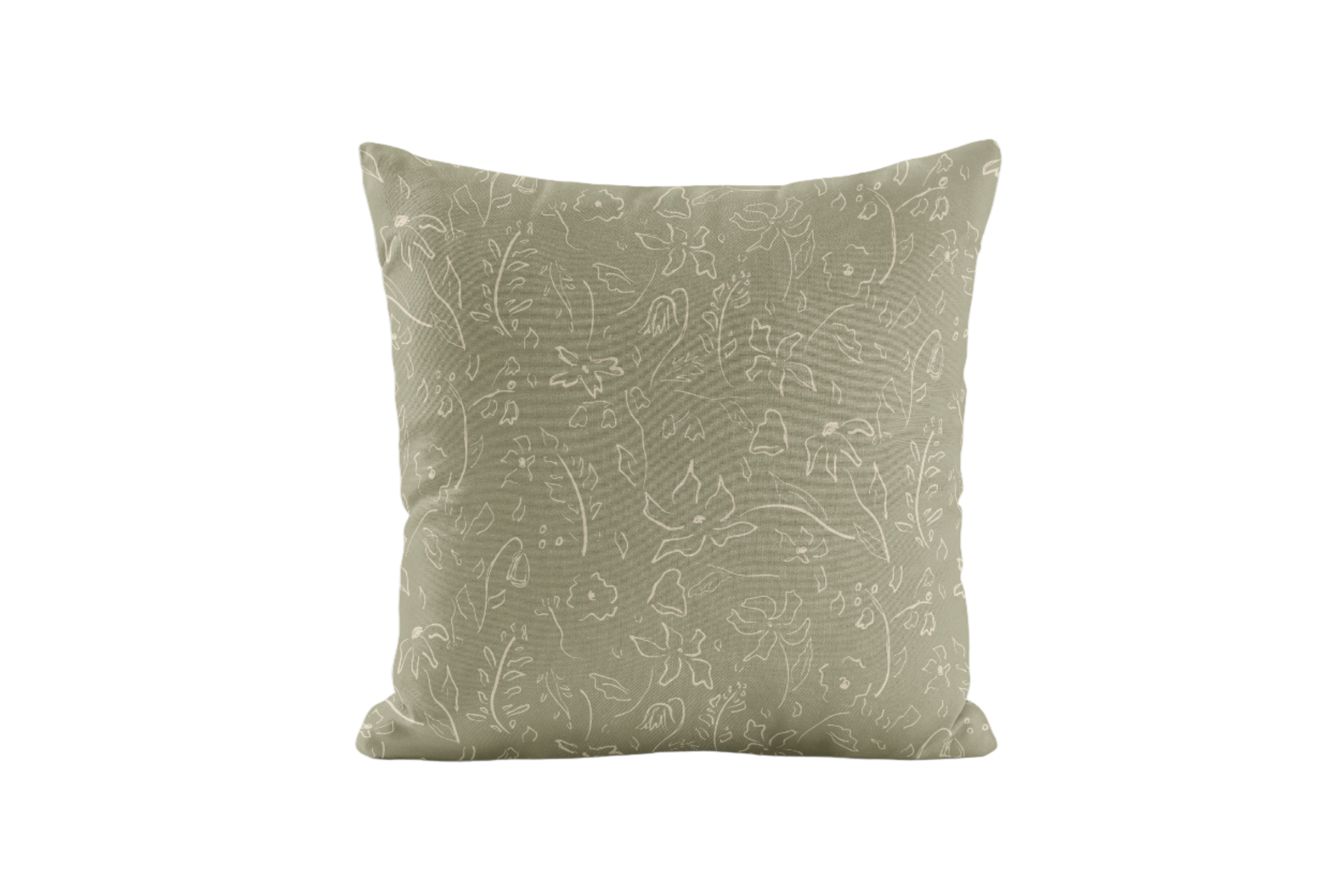 Whimsical, floral patterned pillow in olive