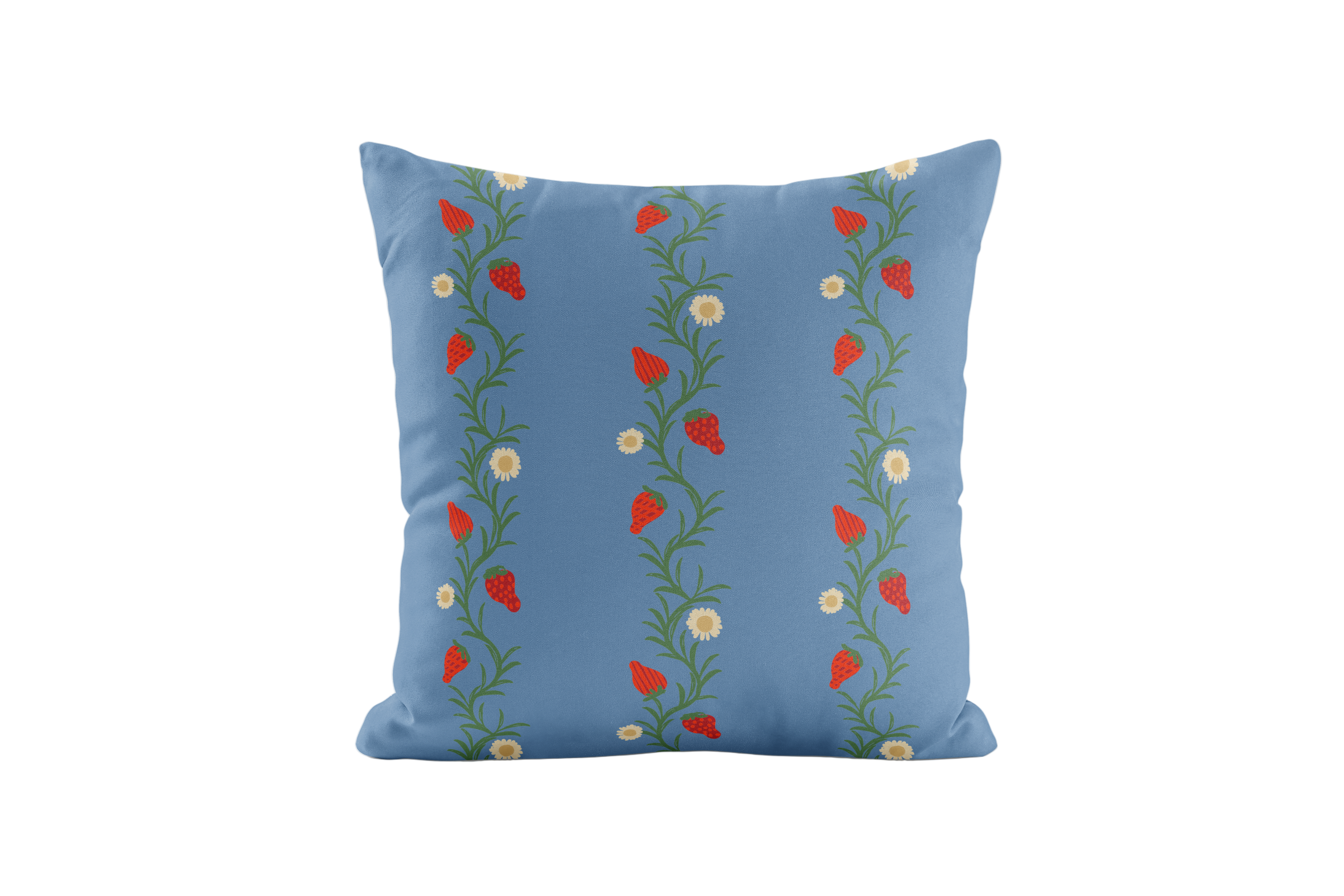 Strawberry patterned pillow in blue and red