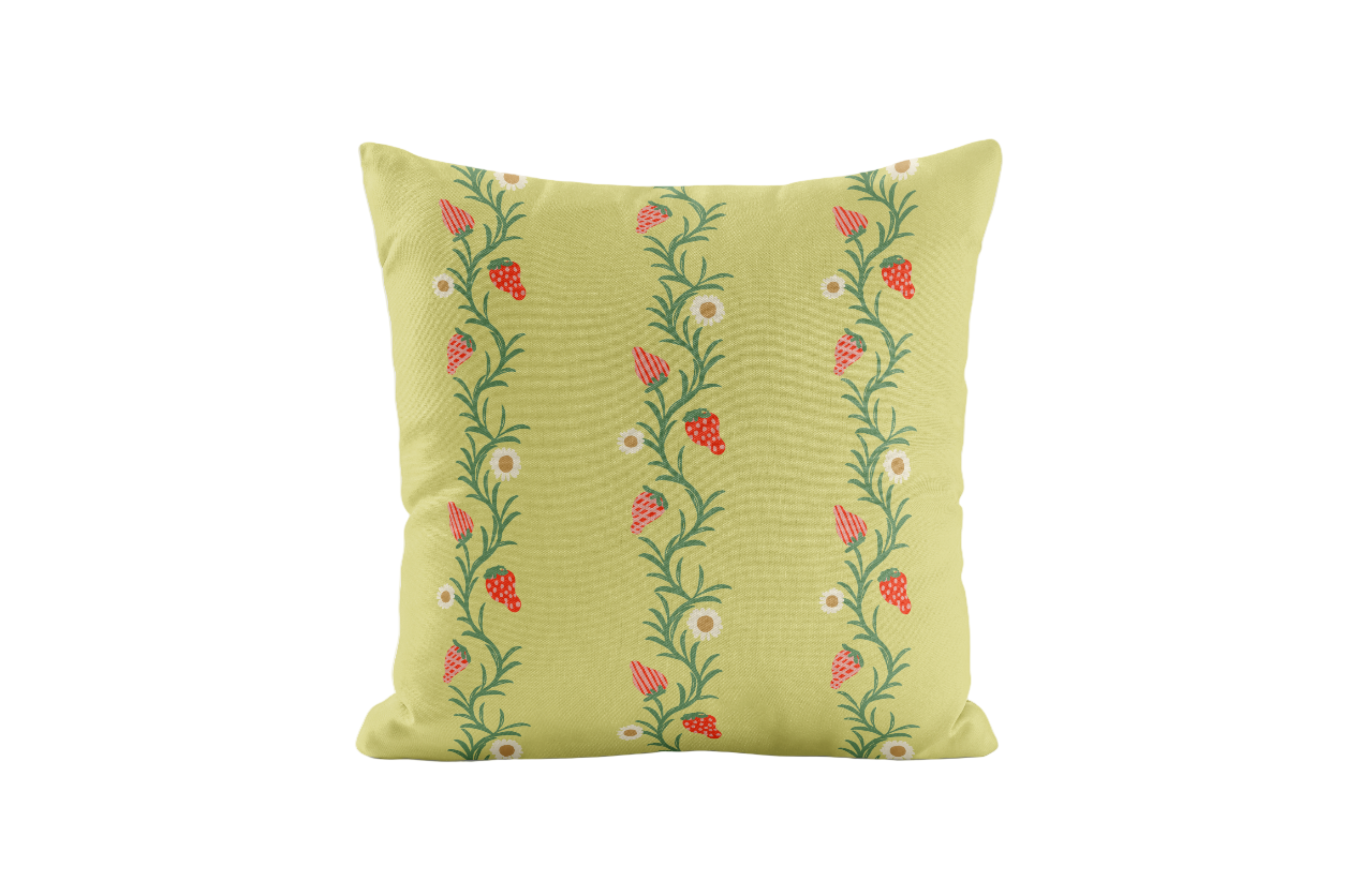Strawberry patterned pillow in chartreuse and red