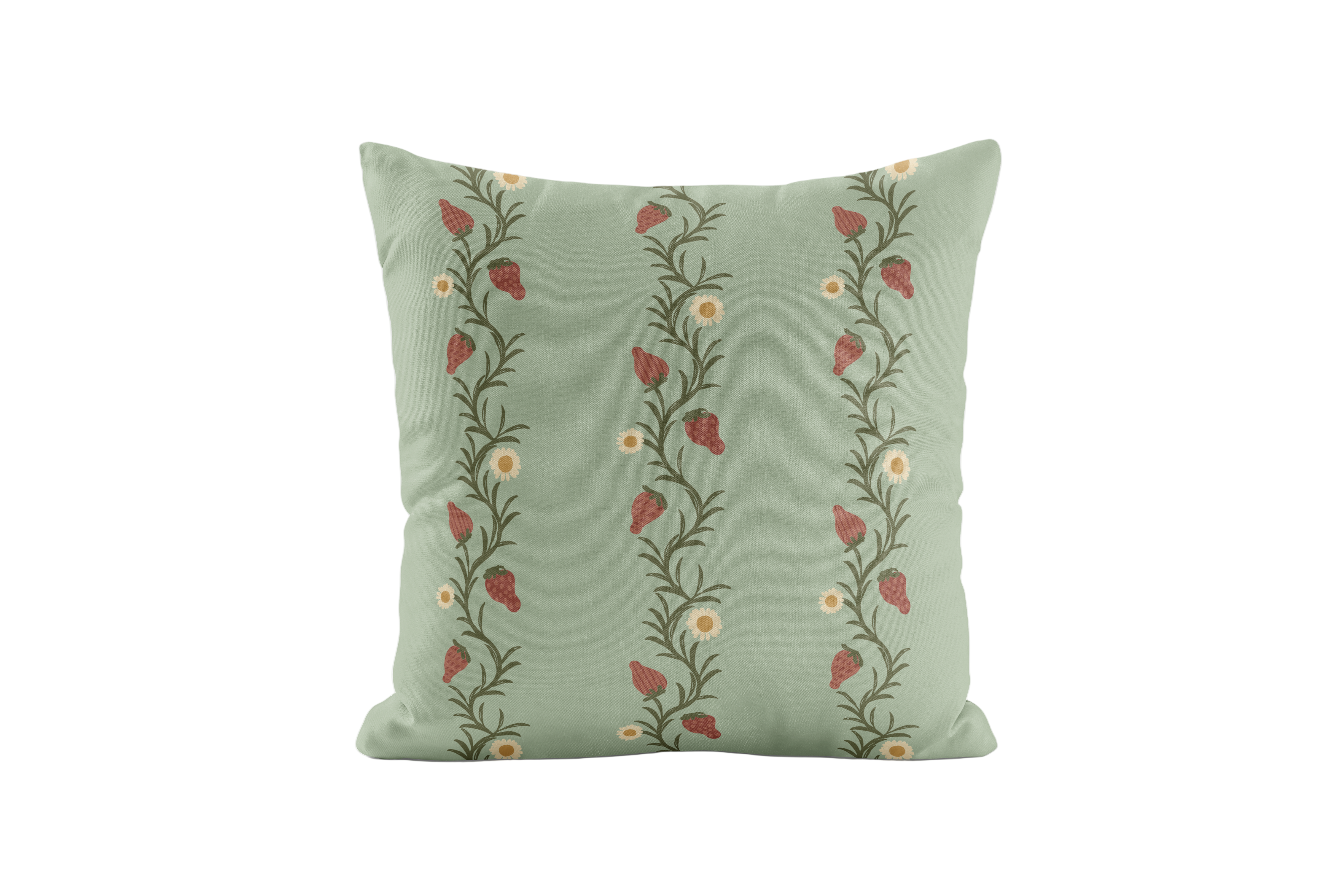 Strawberry patterned pillow in green and red