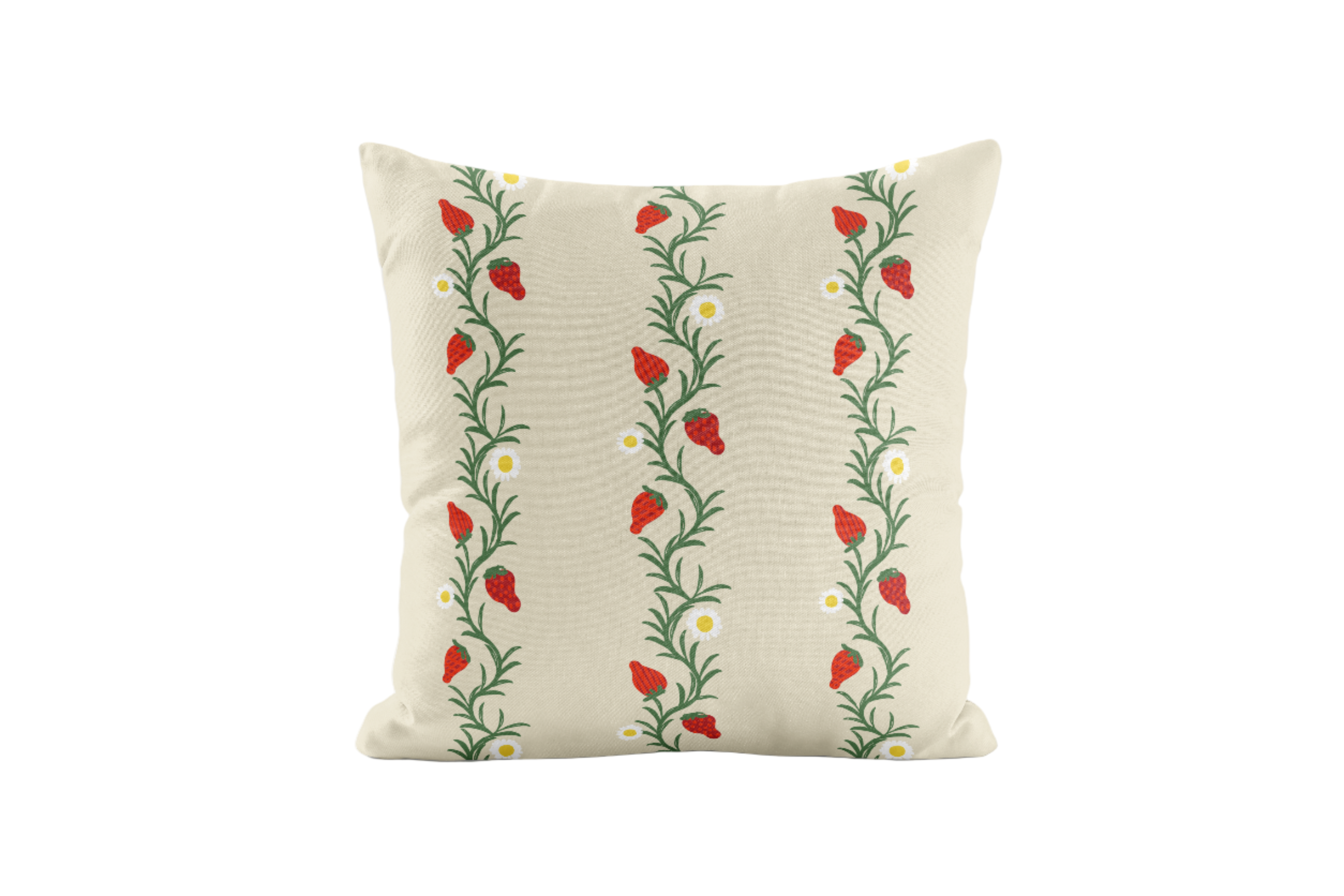 Strawberry patterned pillow in ivory and red