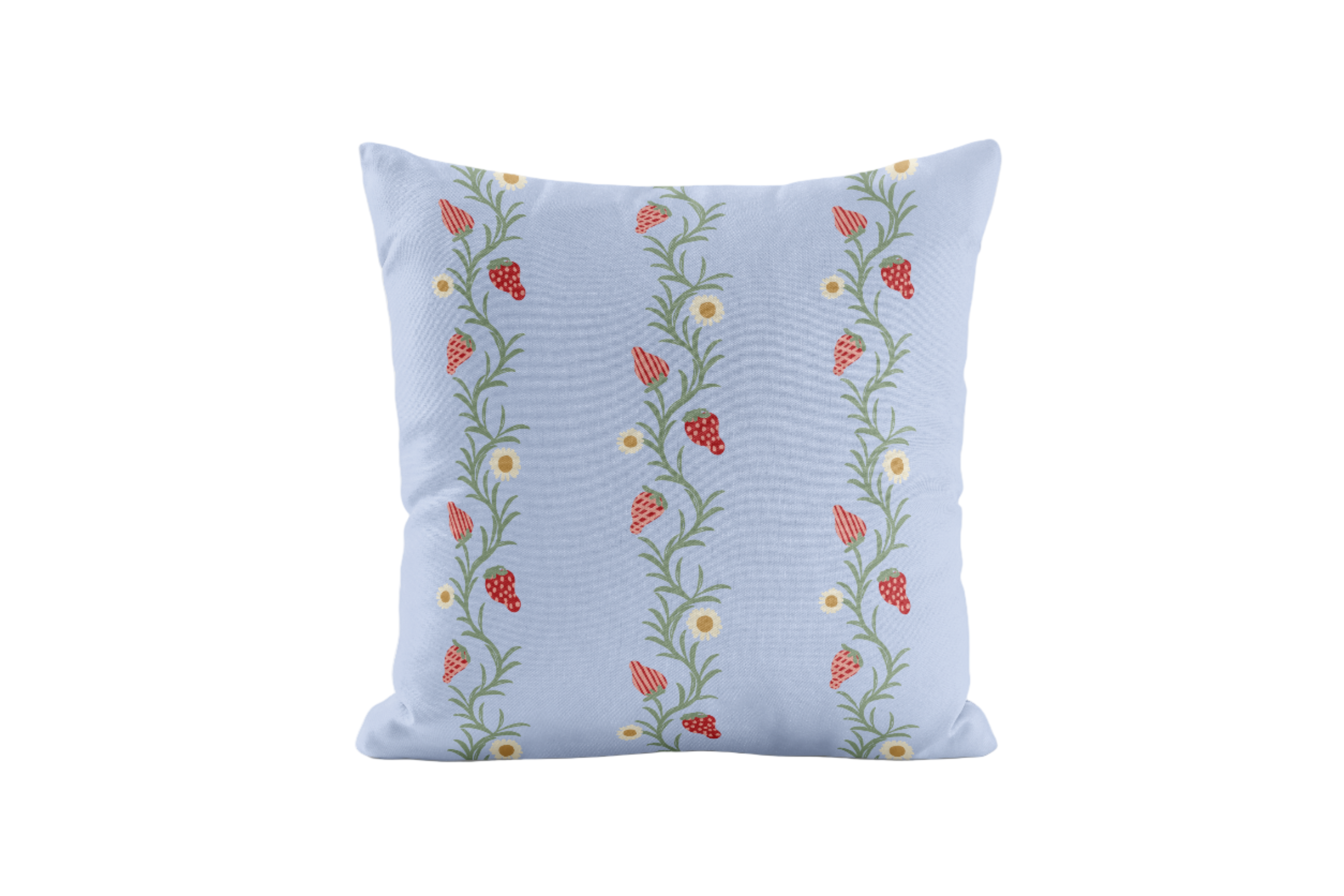 Strawberry patterned pillow in periwinkle and red