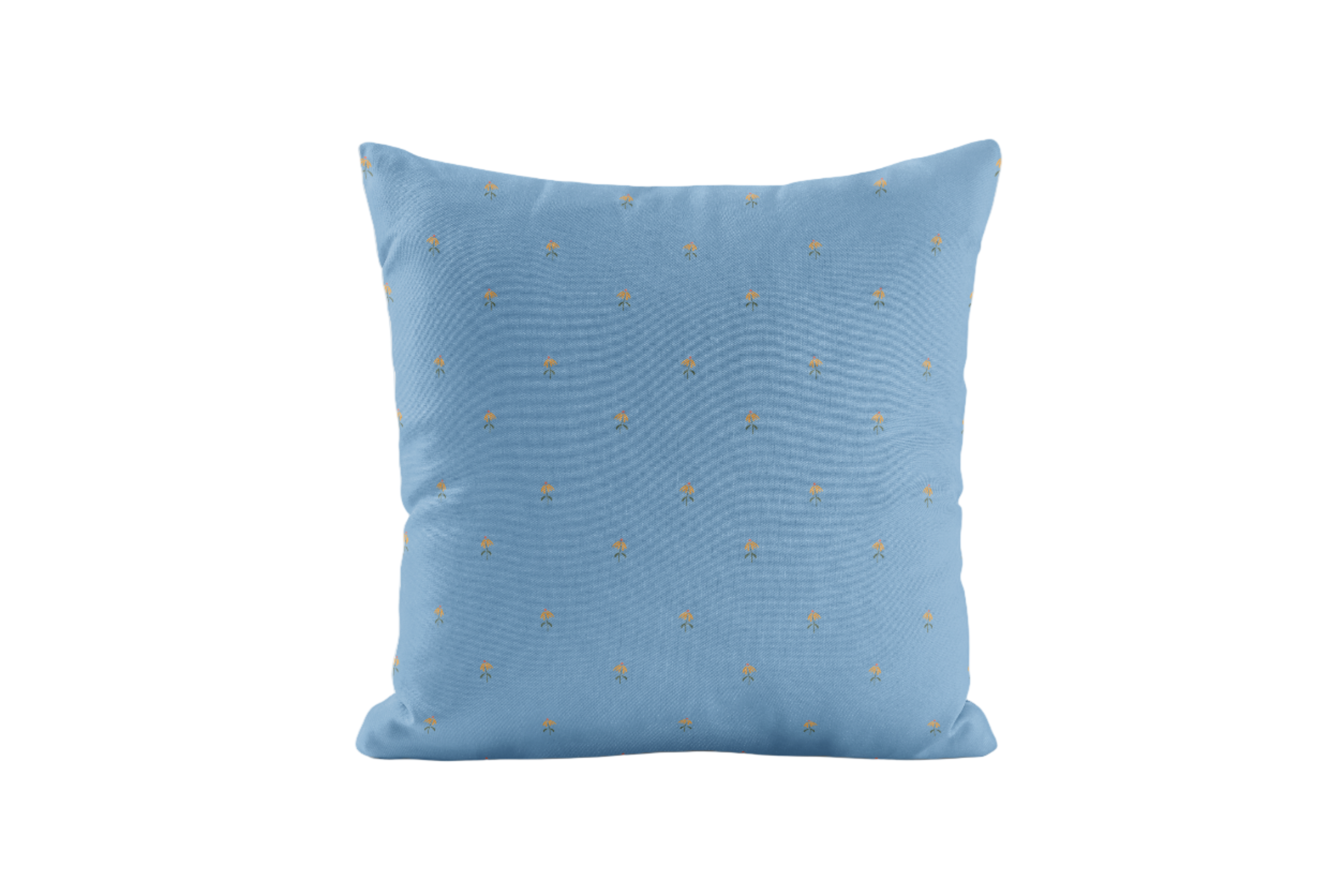Blue pillow with subtle floral pattern on a white background