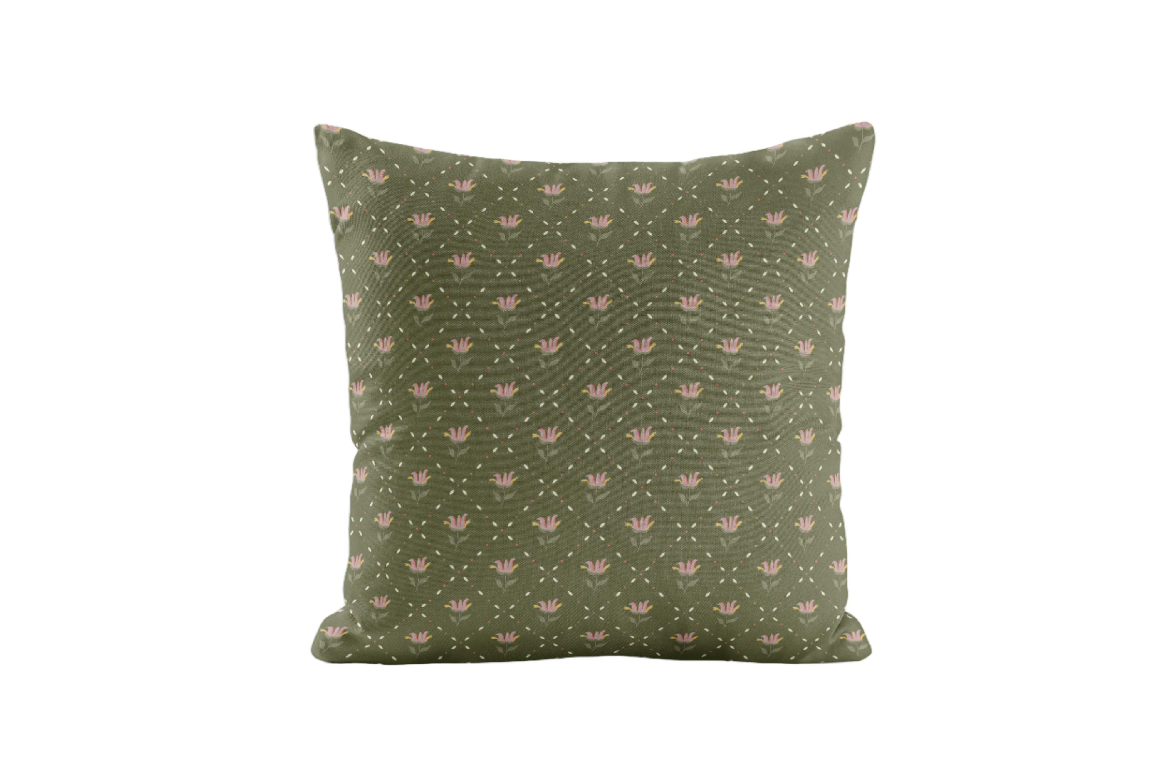 Green pillow with trellis floral pattern on a white background
