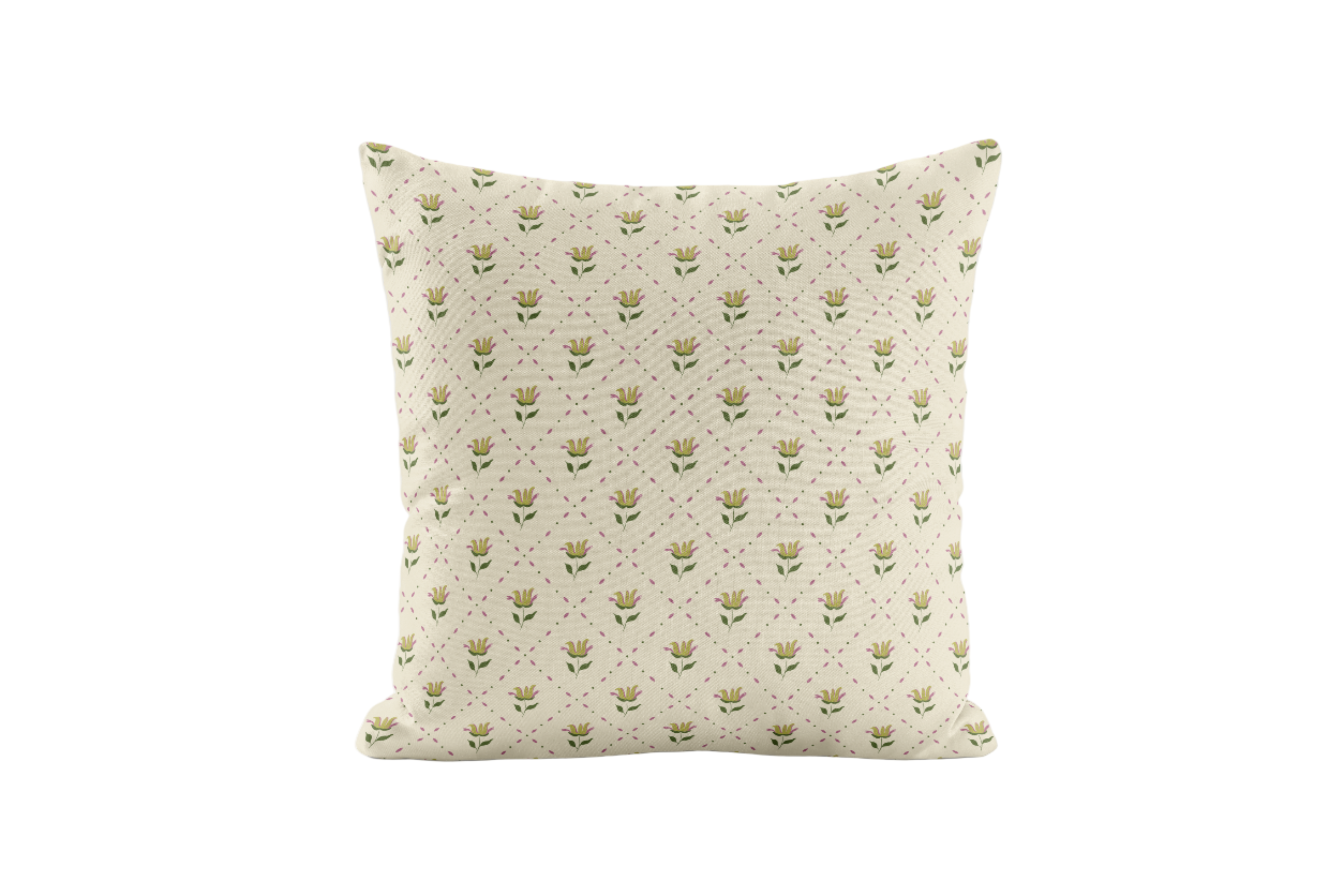 Trellis patterned floral pillow in ivory and green