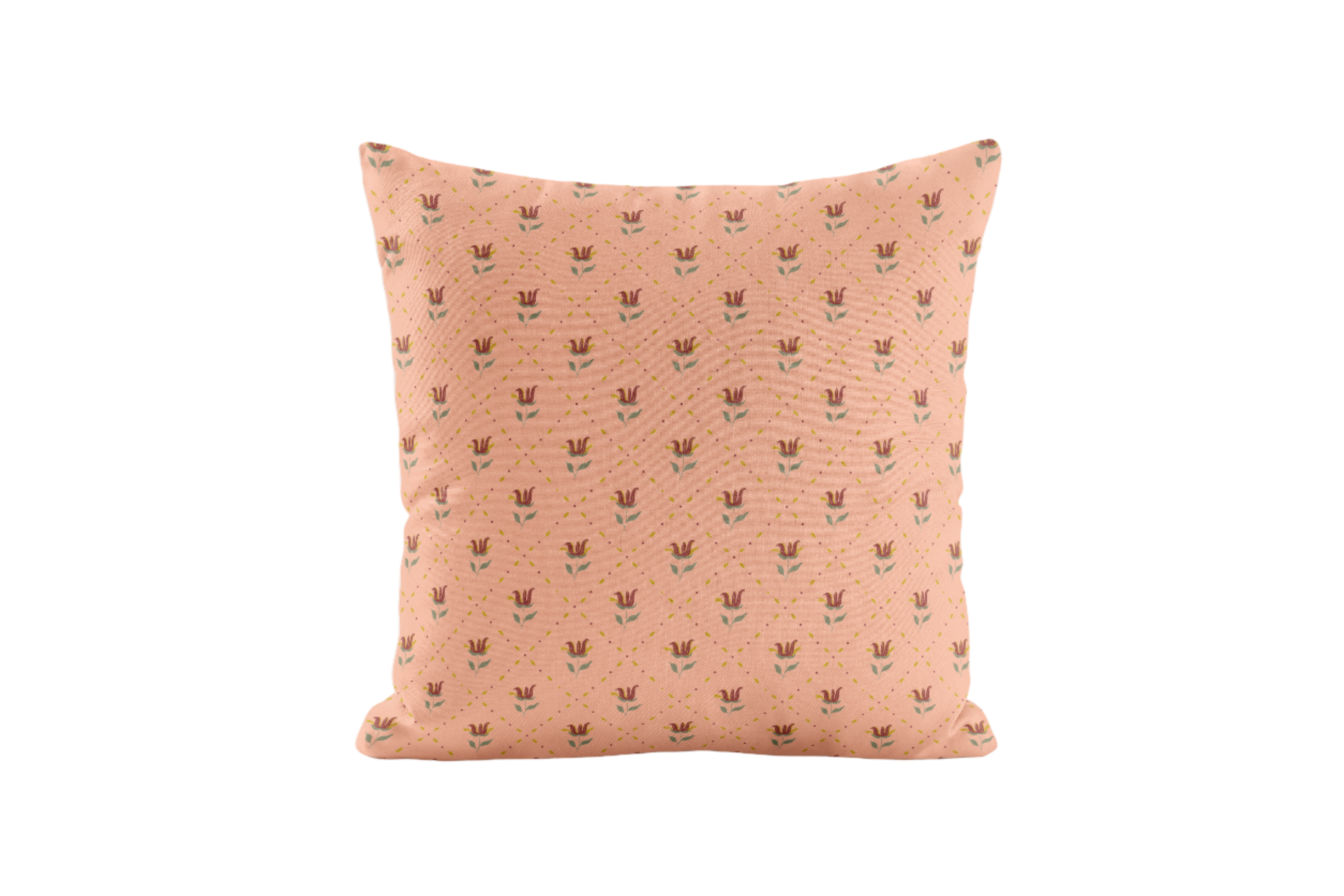 Pink pillow with small trellis pattern on a white background