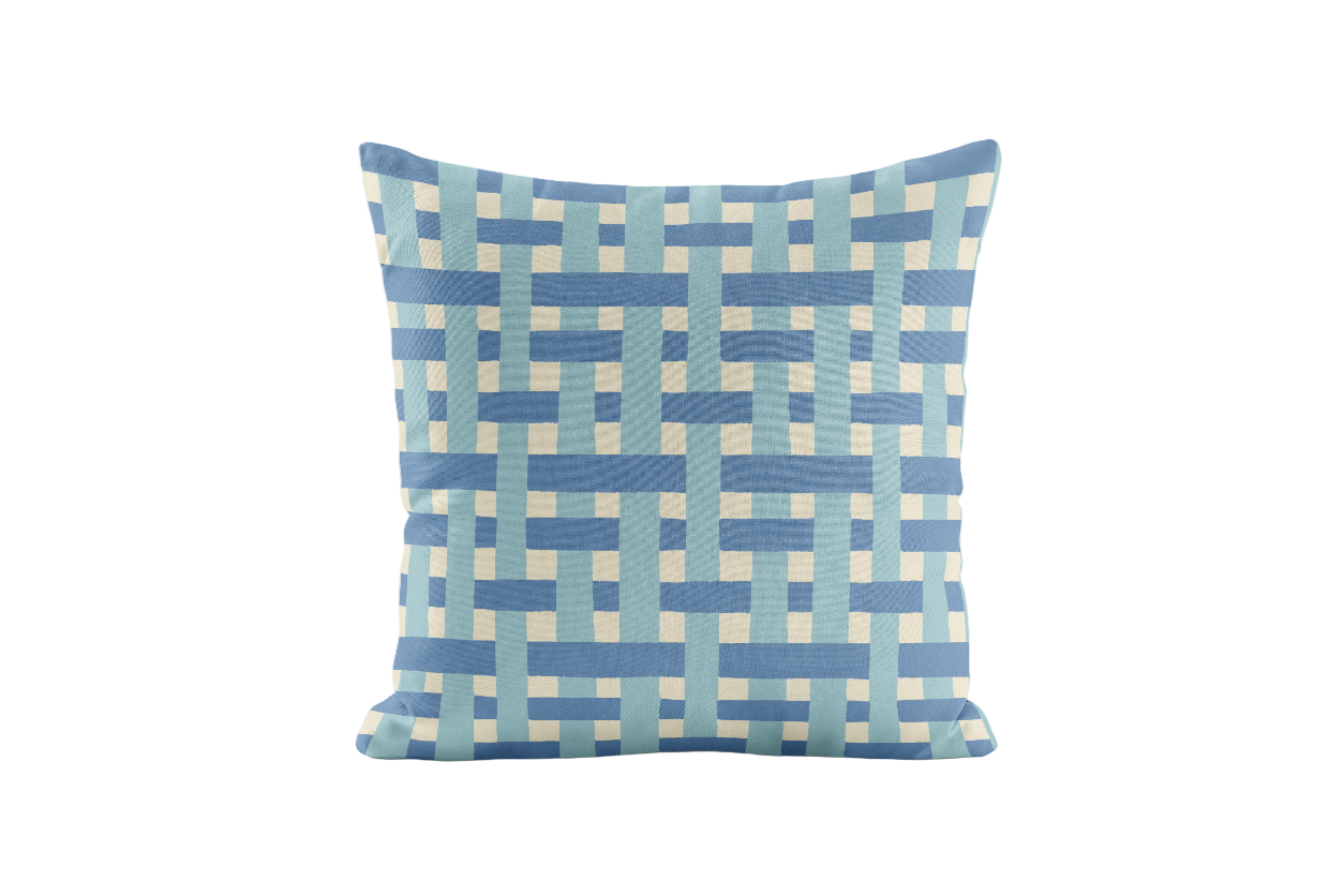 Decorative pillow with blue geometric pattern on a white background