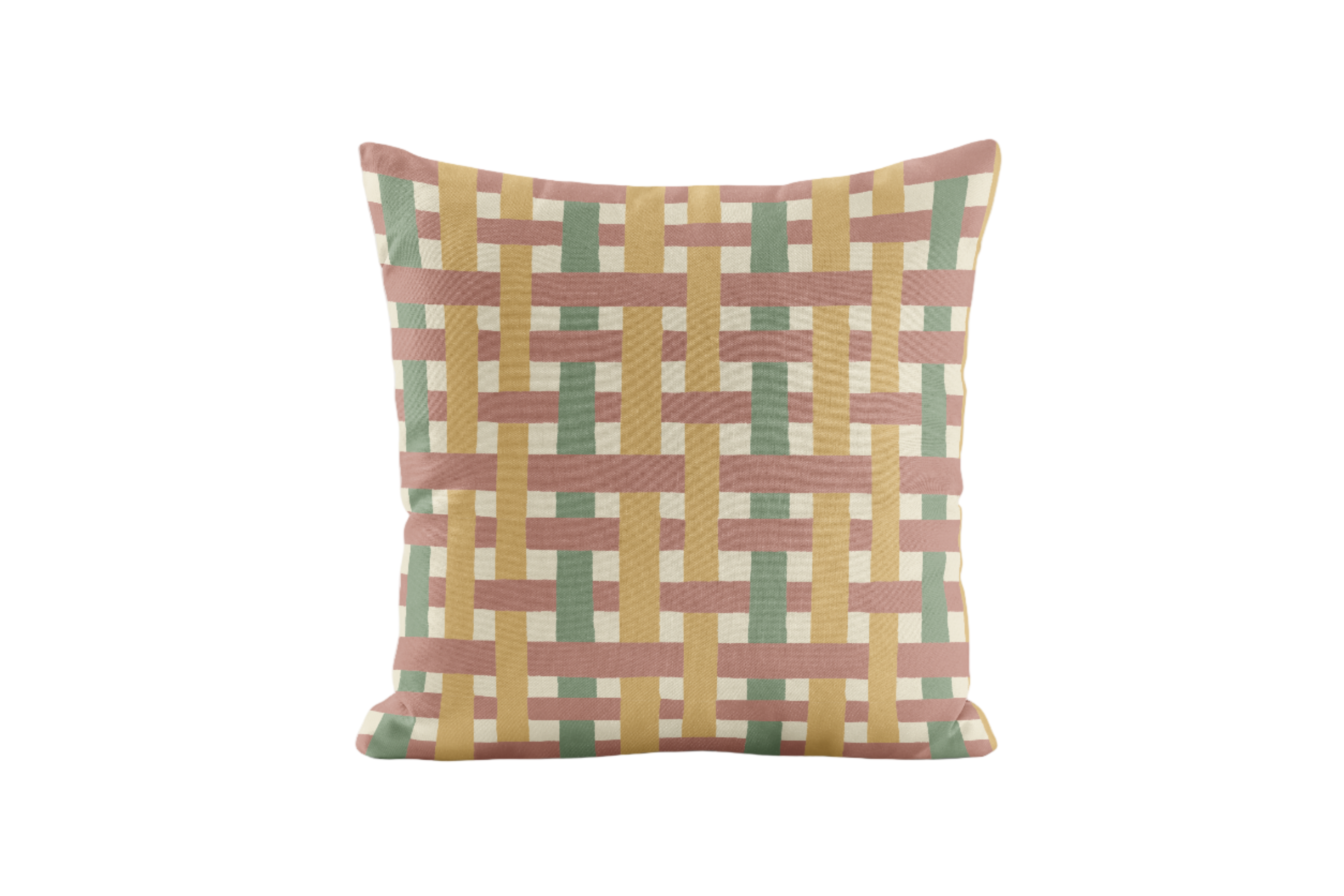 Decorative pillow with a geometric red, green and mustard pattern on a white background