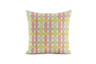 Decorative pillow with a woven geometric pattern in chartreuse, pink and green on a white background