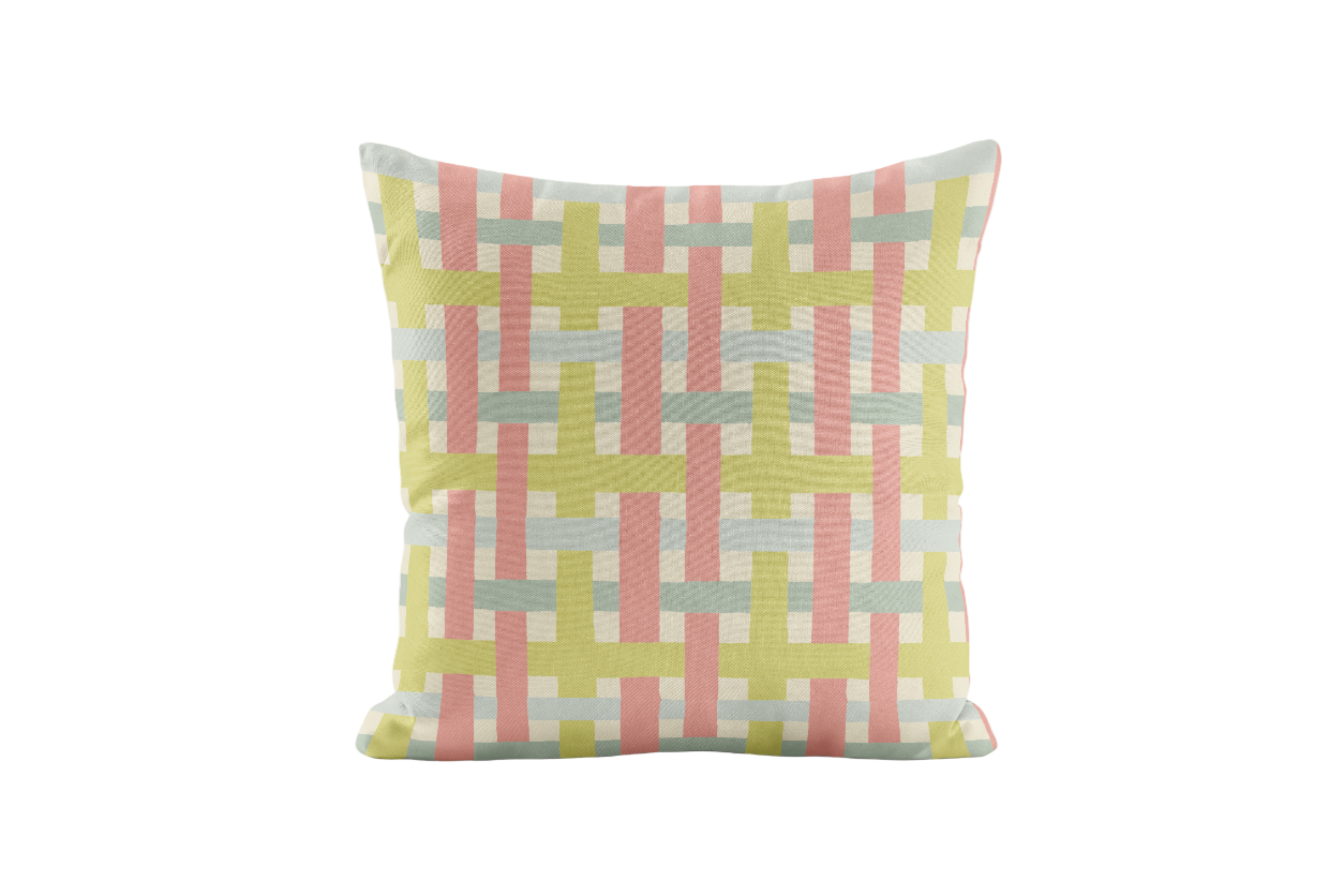Decorative pillow with a woven geometric pattern in chartreuse, pink and green on a white background