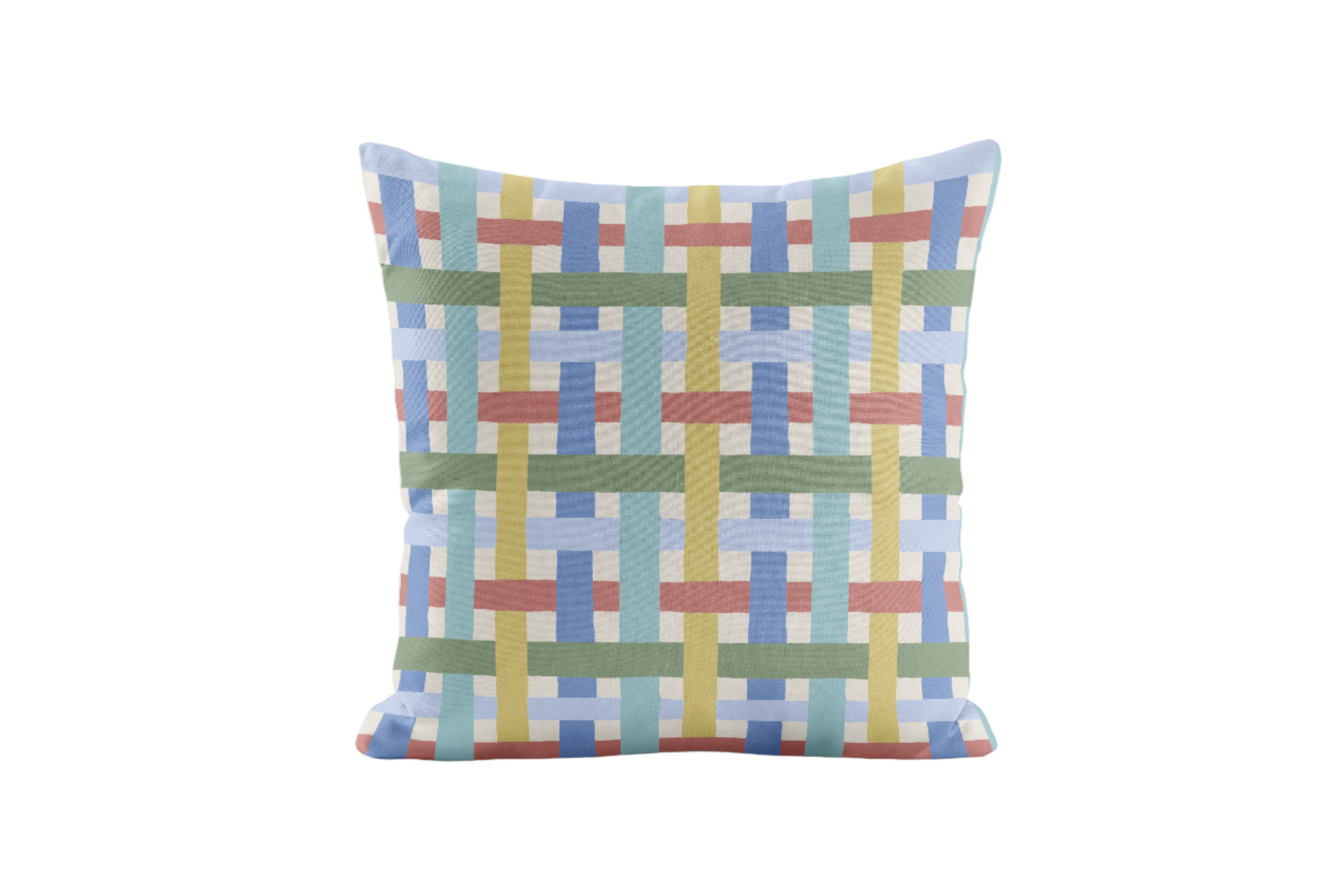 Decorative pillow with a colorful geometric pattern on a white background