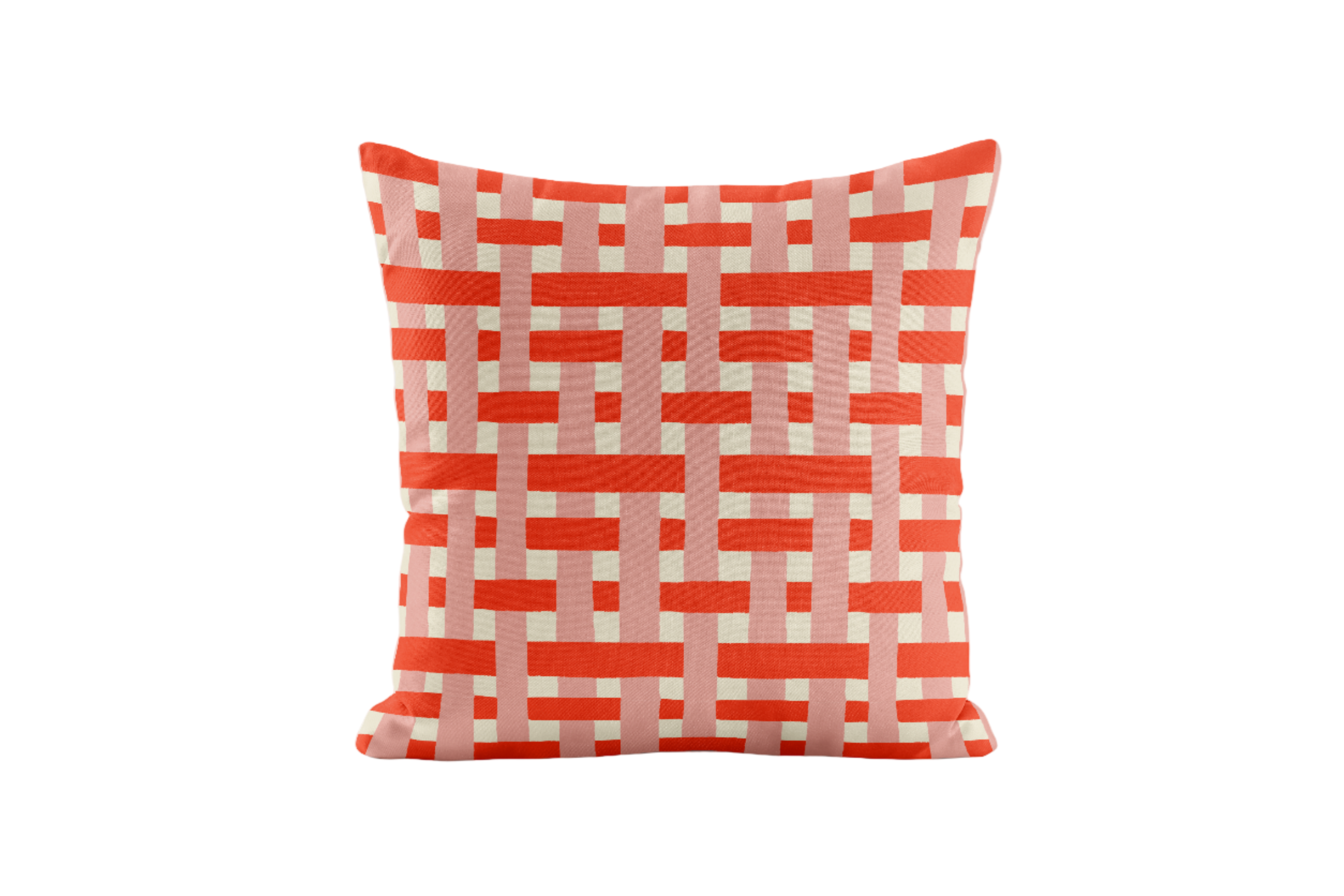 Decorative pillow with red and white geometric pattern on a white background